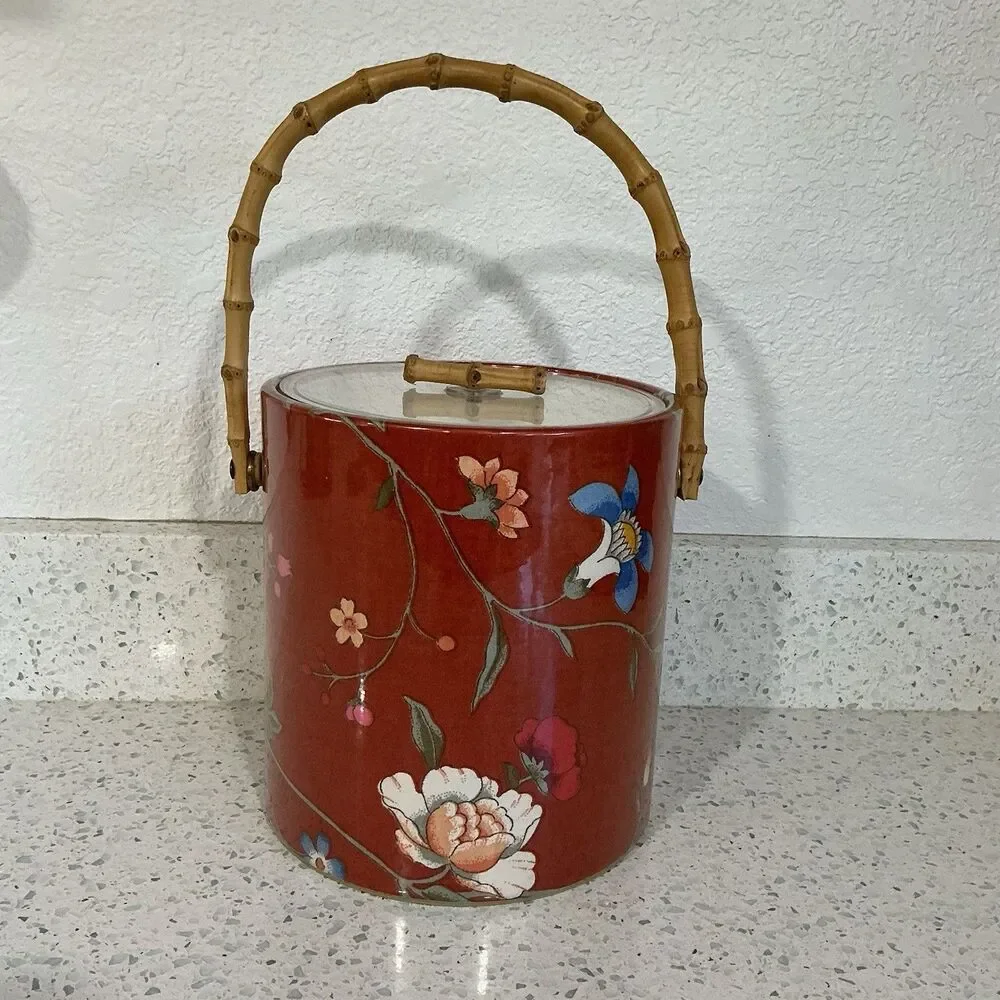 Vintage Vinyl Floral Asian Inspired Ice Bucket Retro MCM Regency Red Bamboo